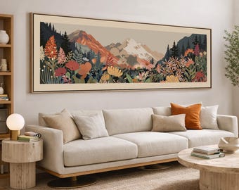 Boho Mountain Landscape Large Wall Art, Horizontal Floral Print with Sun and Flowers