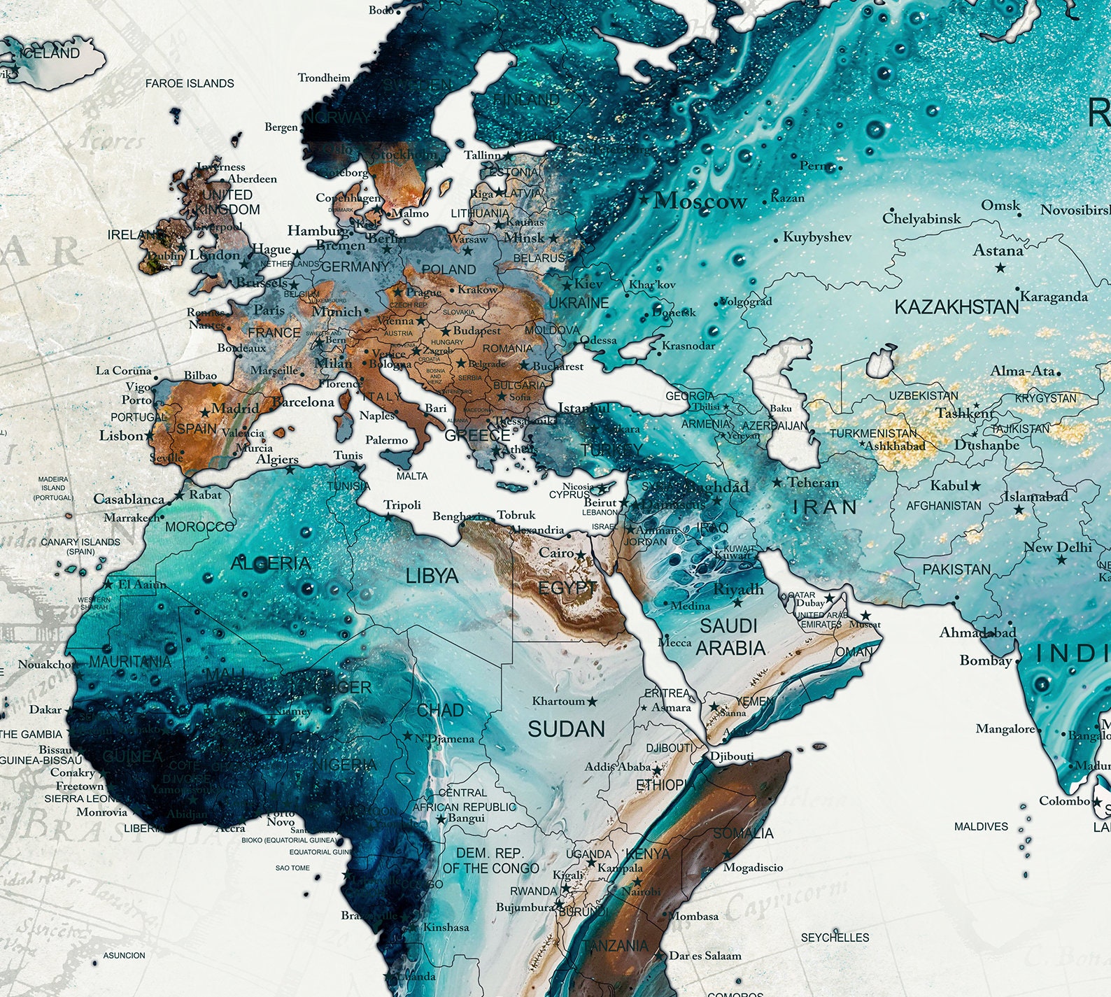 Decorazione Da Parete Con Mappa Del Mondo Dal Design Moderno, Realizzata In Metallo Dorato Mappa Del Mondo Forme