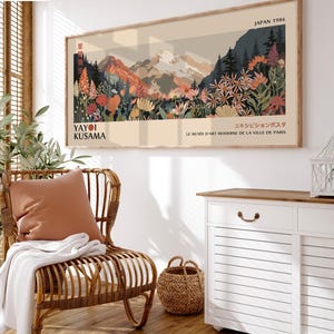 Modern office with Yayoi Kusama panoramic floral print, Japanese landscape wall poster.