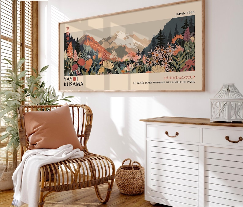 Modern office with Yayoi Kusama panoramic floral print, Japanese landscape wall poster.