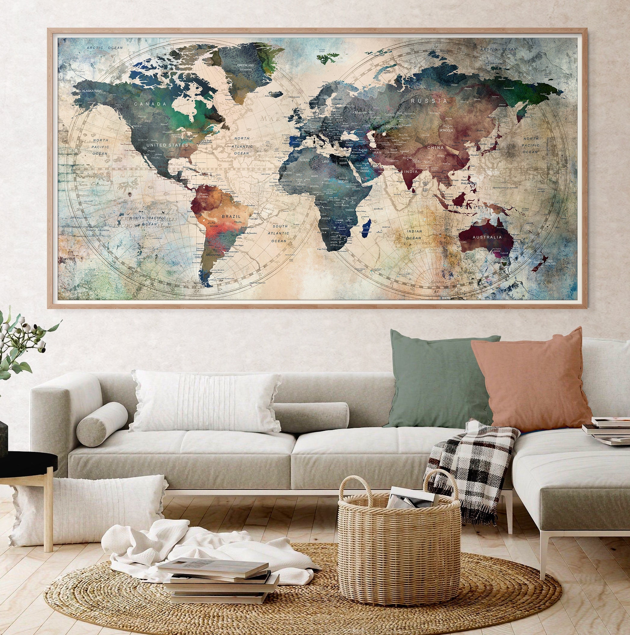 Extra Large World Map Navy Blue Wall Art Poster, Push Pin Travel Exclusive Minimalist Personalized Unique Gift for ALL home office decorF115