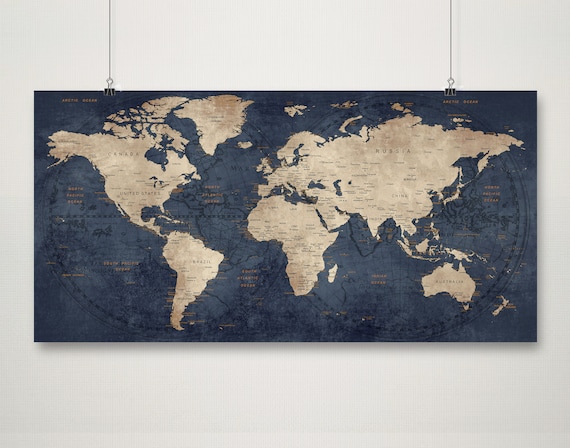 Navy Blue World Map Poster: Adventure Push Pin Travel Art - Etsy