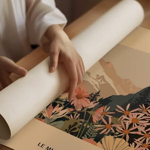 Yayoi Kusama colorful floral poster under warm lighting, Japanese art print home interior.