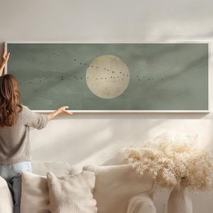 Japoński obraz ścienny „Sage Green Moon” – duża, panoramiczna dekoracja salonu