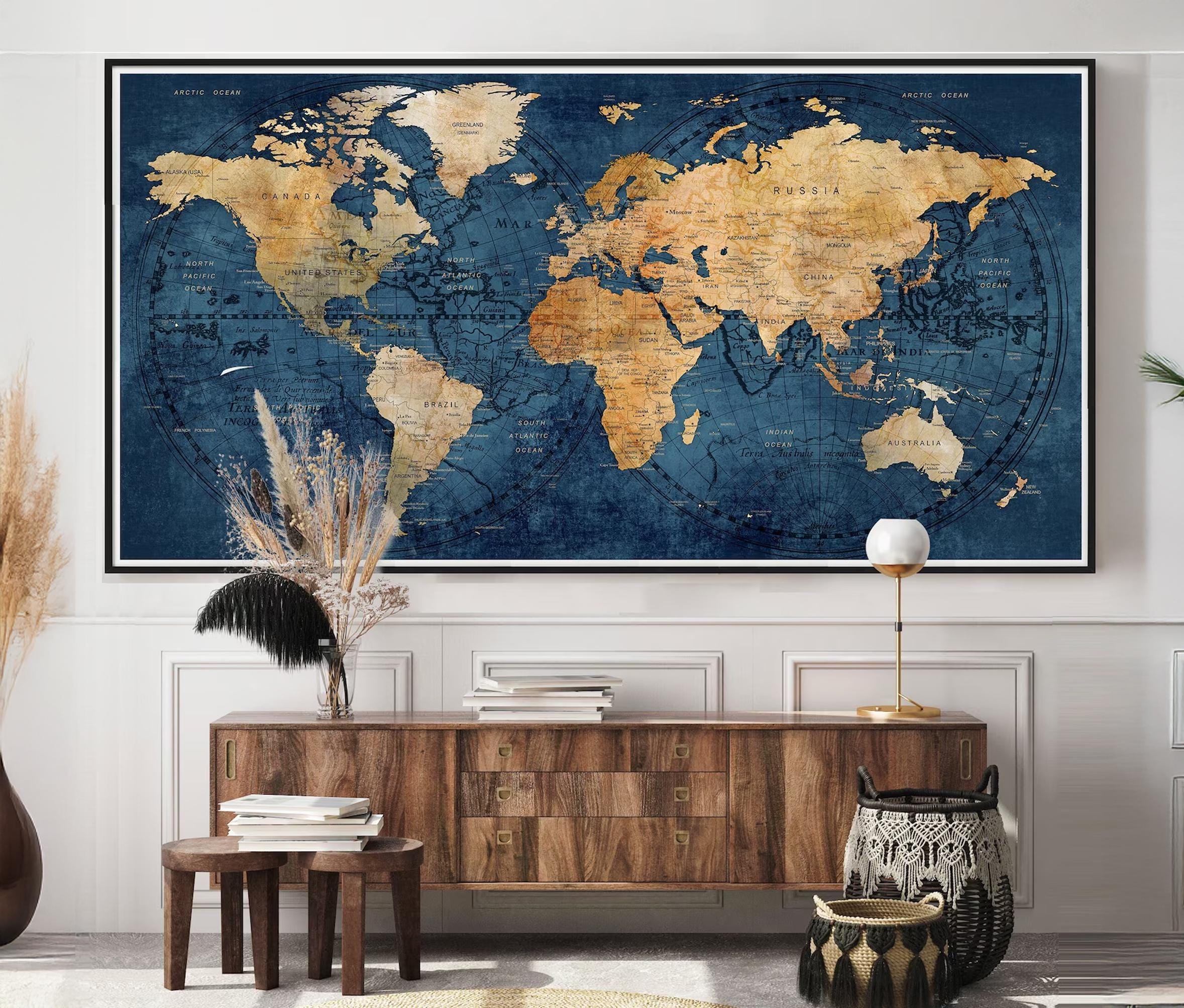 Vintage World Map Poster: Navy Blue Travel Wall Art, Large Home