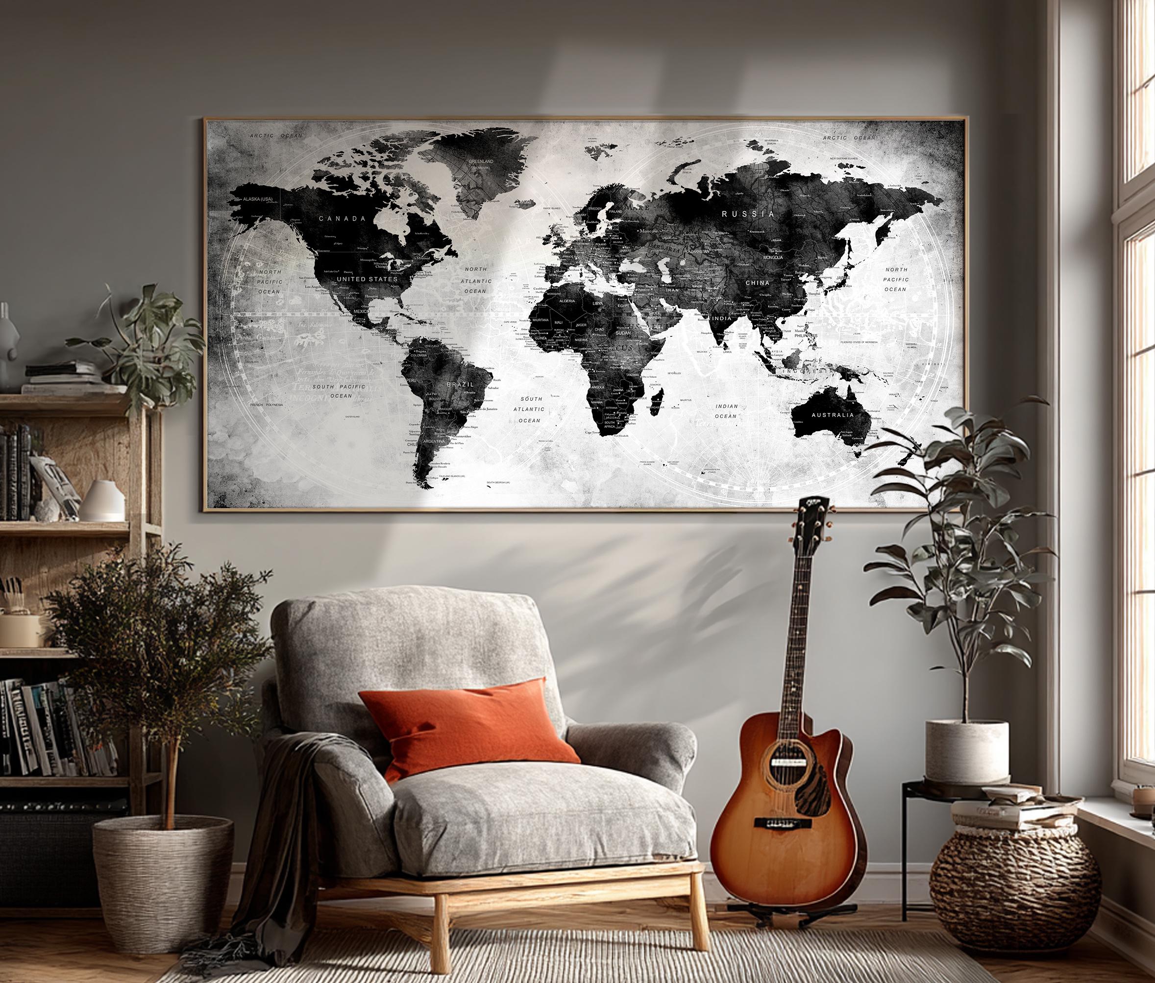 Personalized Push Pin World Map: Black & White Travel Art, Unique ...