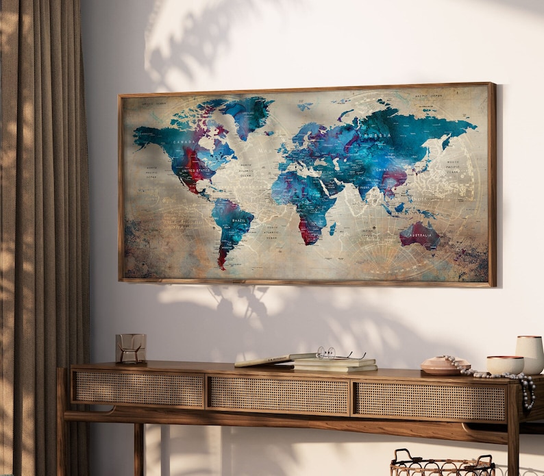 Watercolor World Map Poster: Personalized Push Pin Travel Art - Etsy