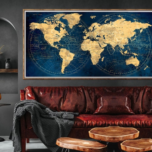 Navy Blue World Map Poster, Personalized Push Pin Travel Art - Etsy