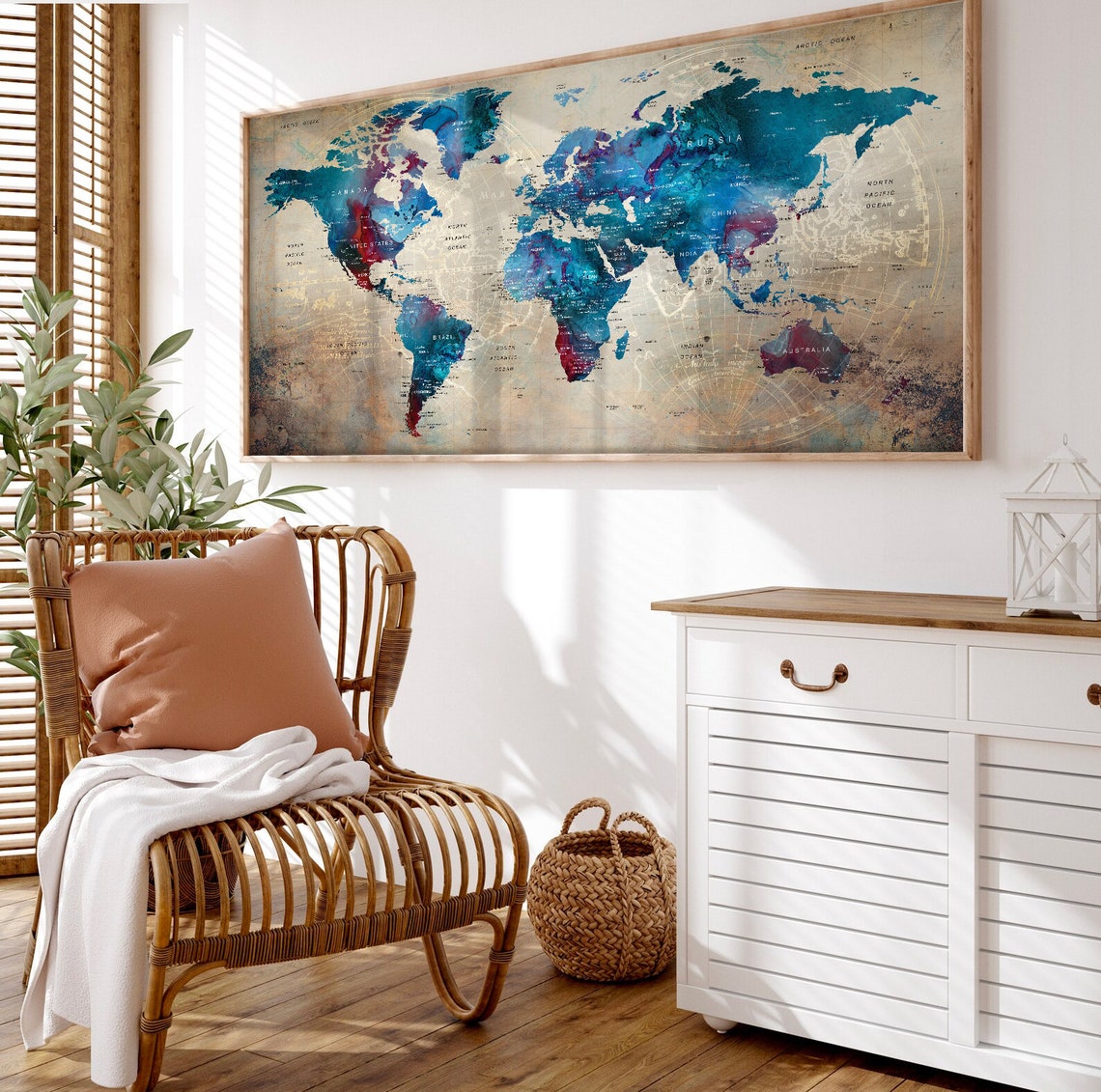 Watercolor World Map Poster: Personalized Push Pin Travel Art - Etsy