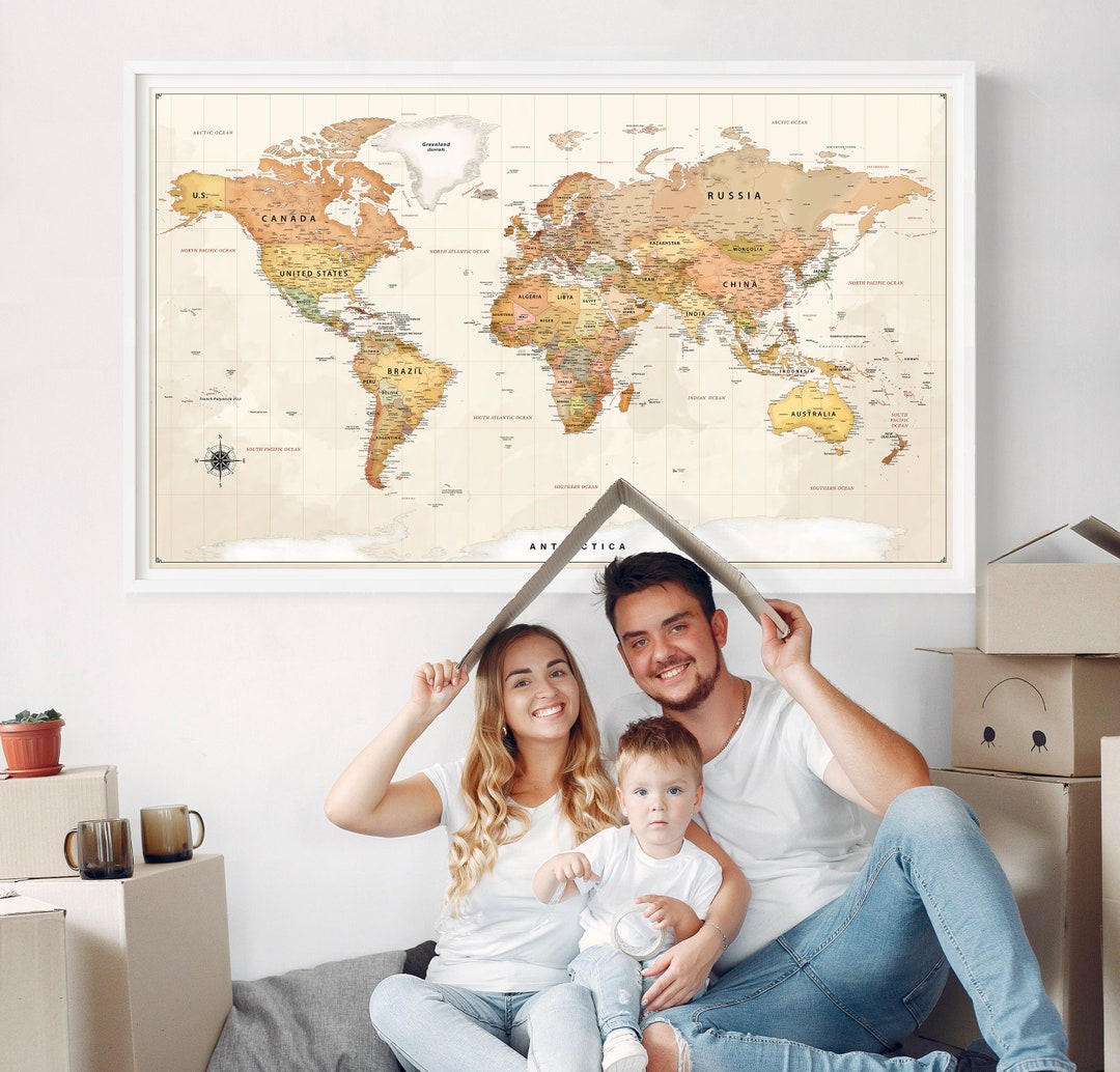 Decorative Map of the World Vintage Colored Push Pin World Map Poster
