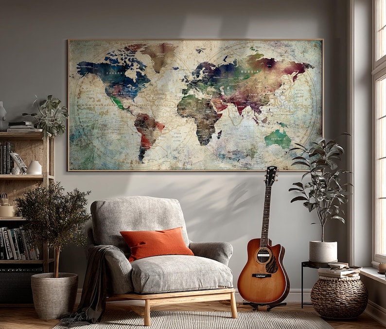 Modern Watercolor World Map Print: Earth Tone Minimalist Wall Decor ...