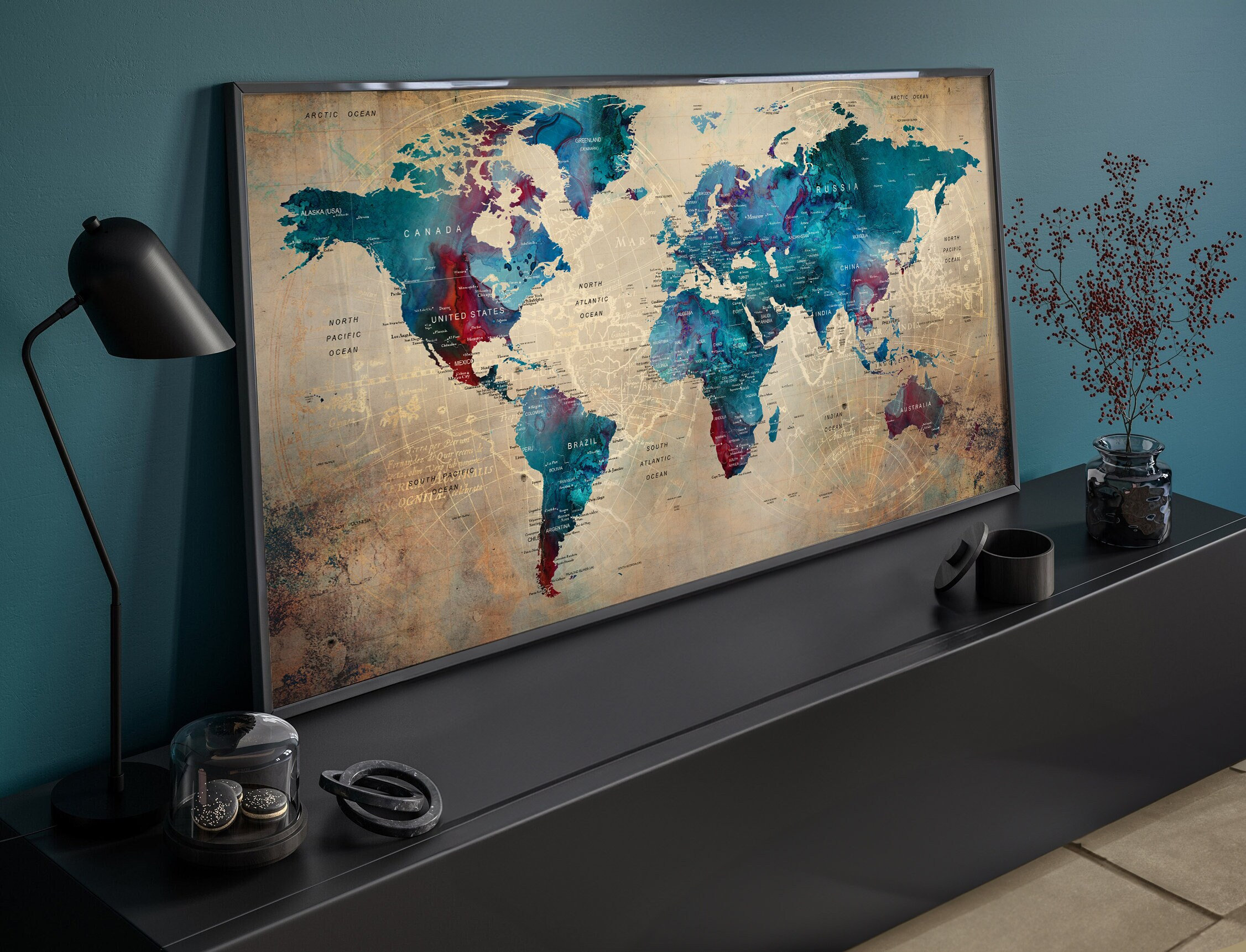 Watercolor World Map Poster: Personalized Push Pin Travel Art - Etsy