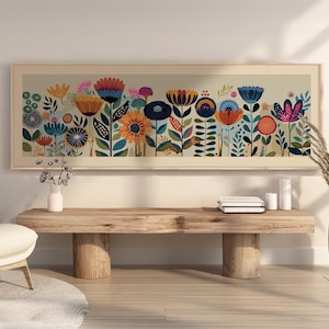 May include: A framed floral art print featuring a colorful array of stylized flowers in shades of blue, orange, and pink. The artwork is displayed above a wooden bench, creating a vibrant and decorative focal point for the room.