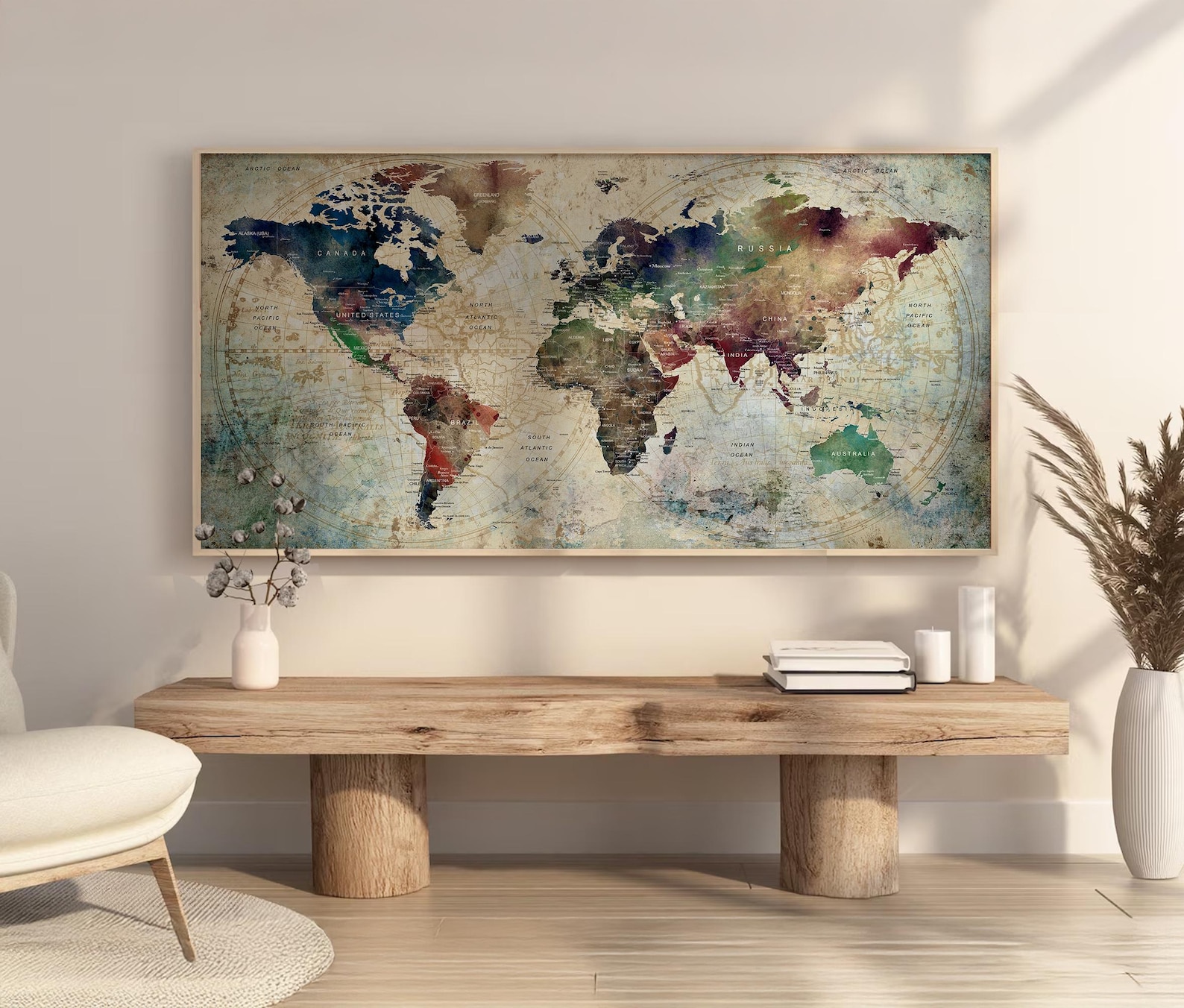 Modern Watercolor World Map Print: Earth Tone Minimalist Wall Decor ...