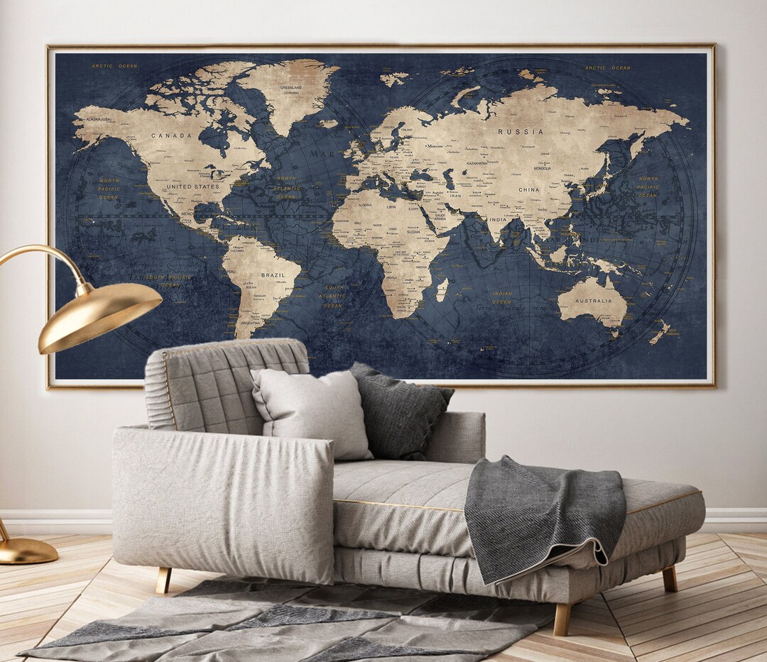 World Map Wall Art, Large Poster, Navy Blue Adventure Push Pin Travel ...