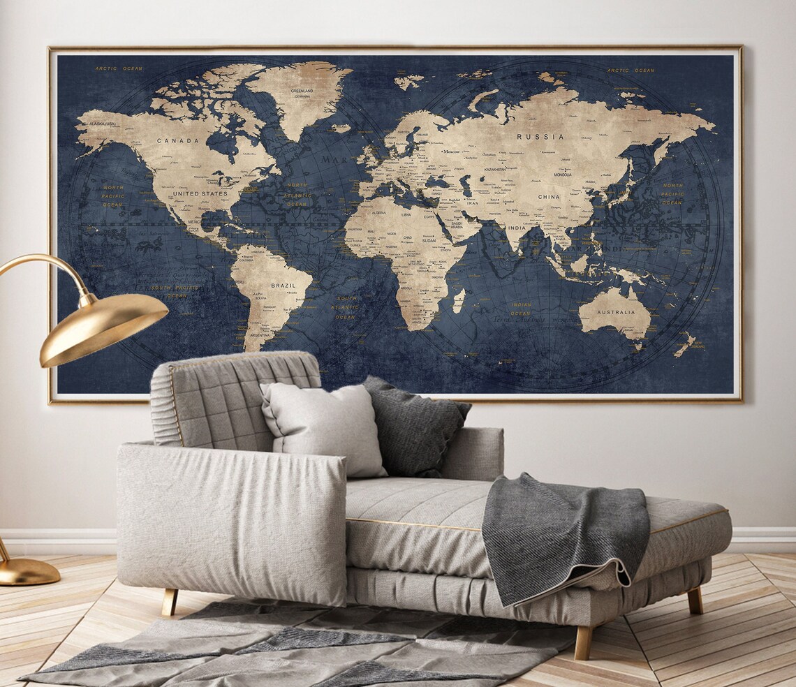 Carte Du Monde Géante XXL (252x150cm) – Poster Design Bleu Pour Déco Salon