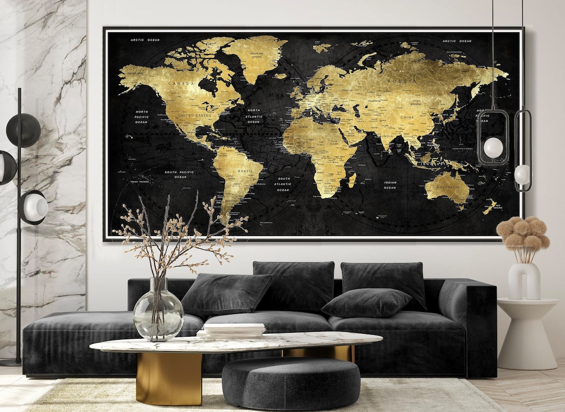 World Map Black and Gold Textured Wall Art, Push Pin Decor Atlas Print ...