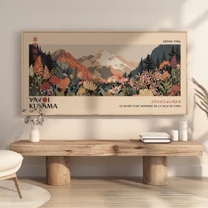 Panoramic Yayoi Kusama floral art print, Japanese abstract landscape with colorful blossoms.