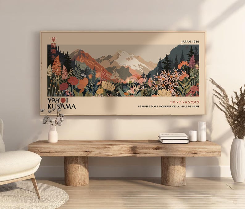 Panoramic Yayoi Kusama floral art print, Japanese abstract landscape with colorful blossoms.