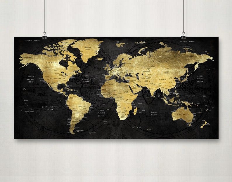 World Map Black and Gold Textured Wall Art, Push Pin Decor Atlas Print ...