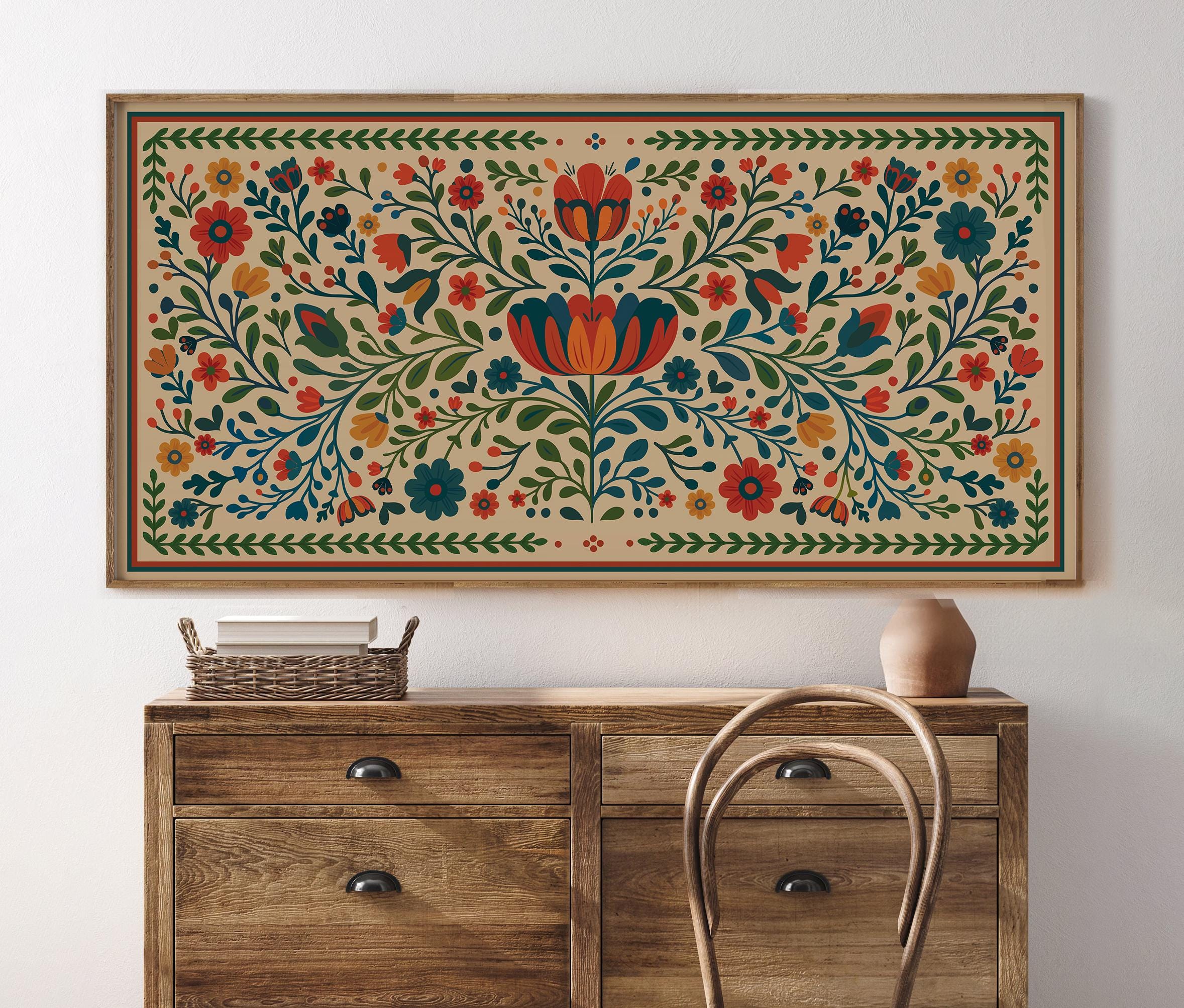 Scandinavian Folk Art Floral Print, Colorful Botanical Wall Art ...