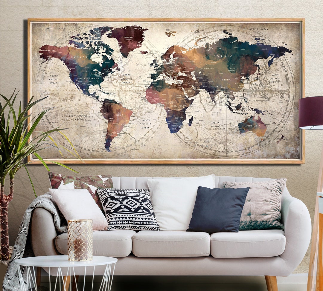 Large Travel World Map Poster Push Pin Colorful Contemporary Wall Prints World Map Wall Art