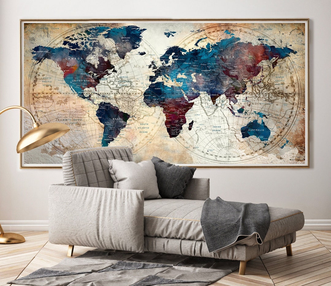 Large World Map Wall Art: Travel Decor Poster - Etsy