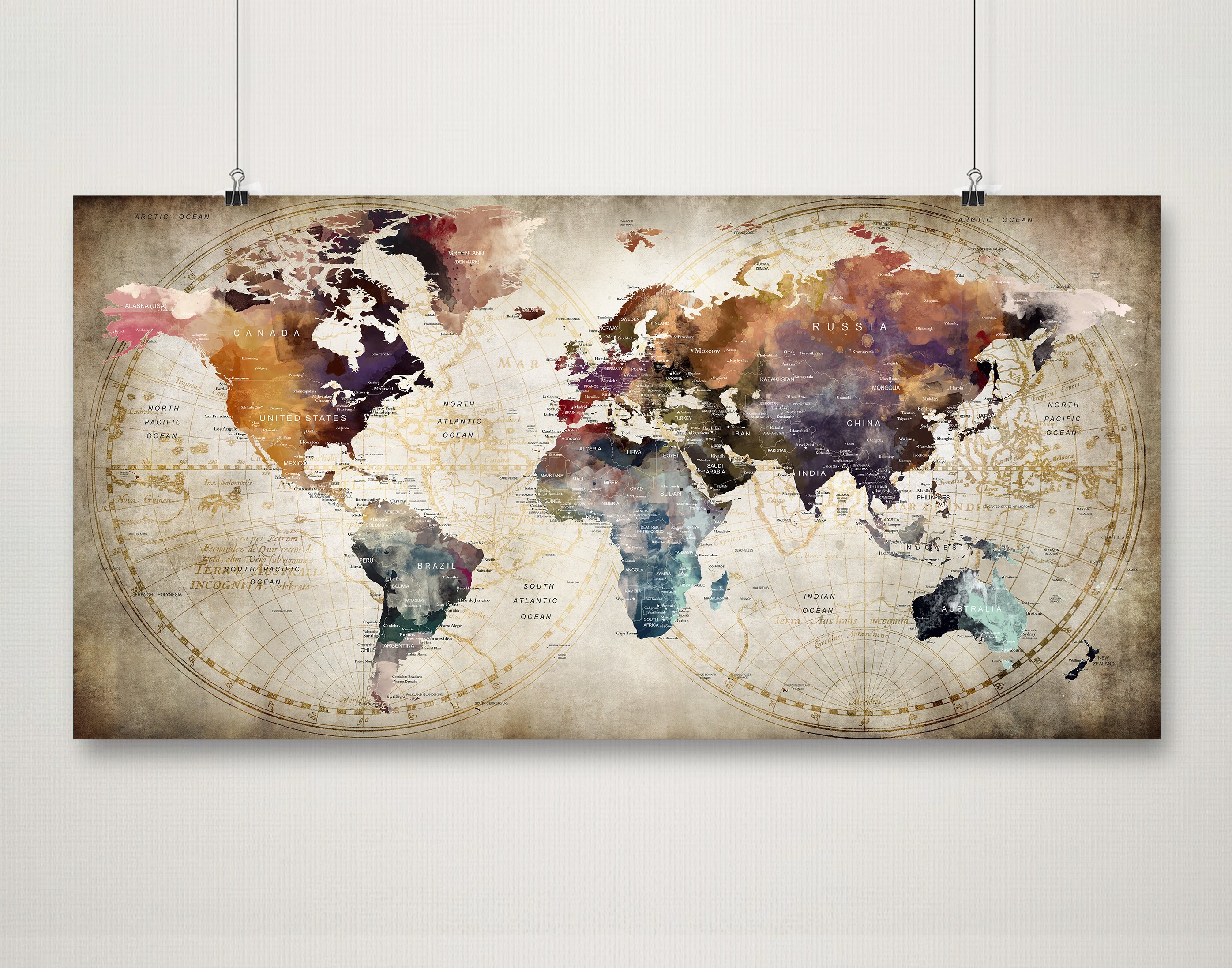 Watercolor World Map Push Pin Poster: Blue Travel Art - Etsy