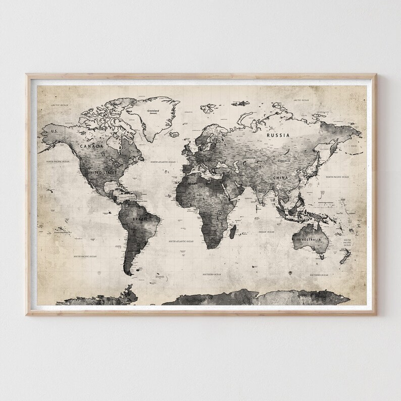 Large Vintage Style World Map Wall Art Poster, Old Sepia Color Map of
