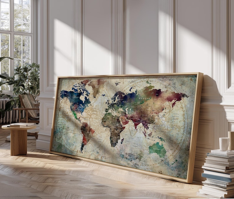 Modern Watercolor World Map Print: Earth Tone Minimalist Wall Decor ...