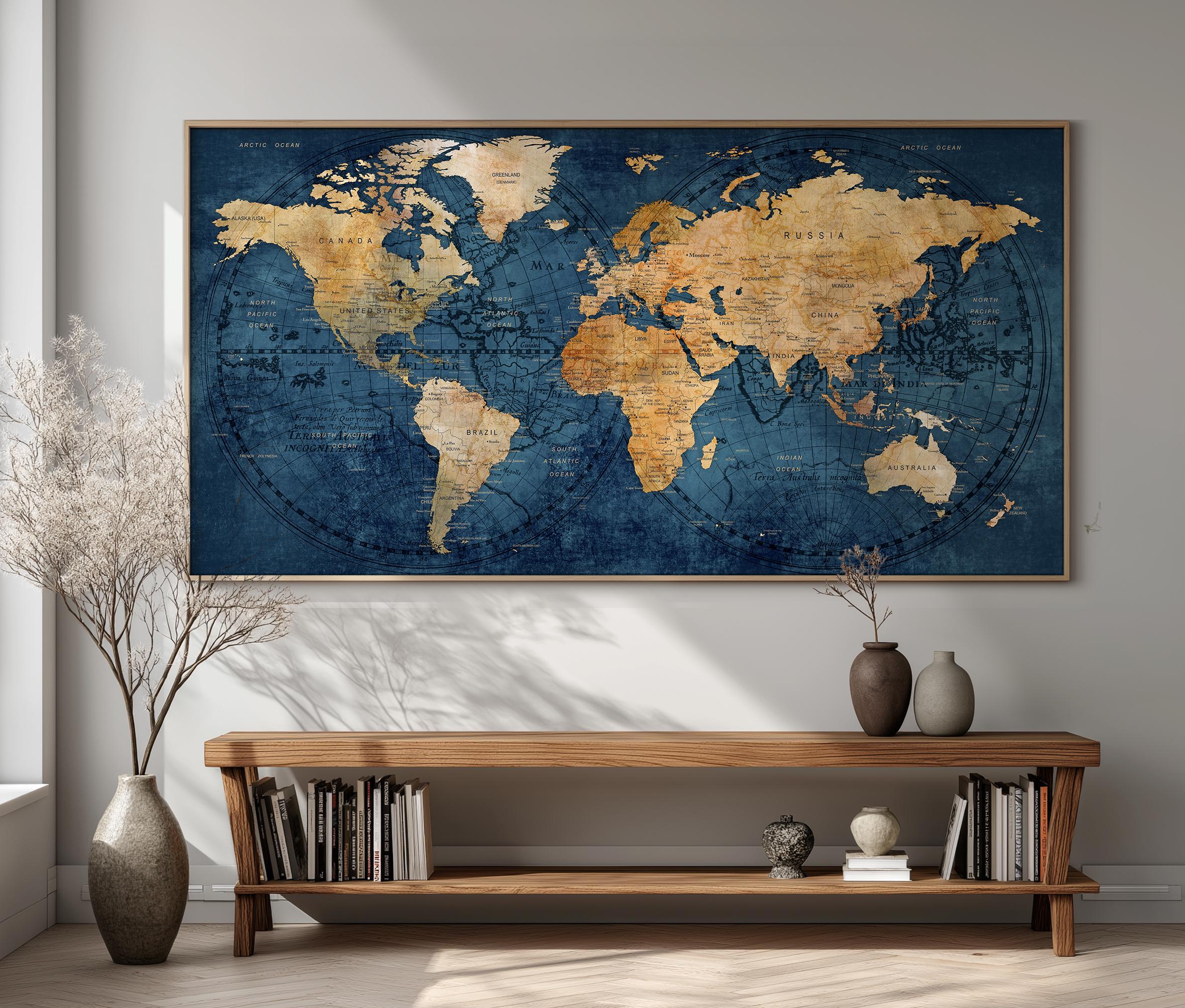 ヴィンテージ世界地図ポスター：ネイビーブルーのトラベルウォール