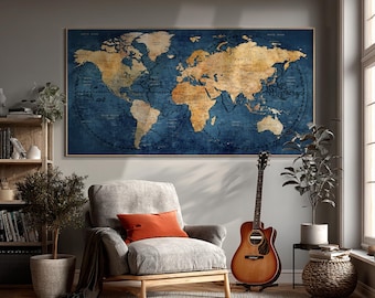 Vintage World Map Poster: Navy Blue Travel Wall Art, Large Home
