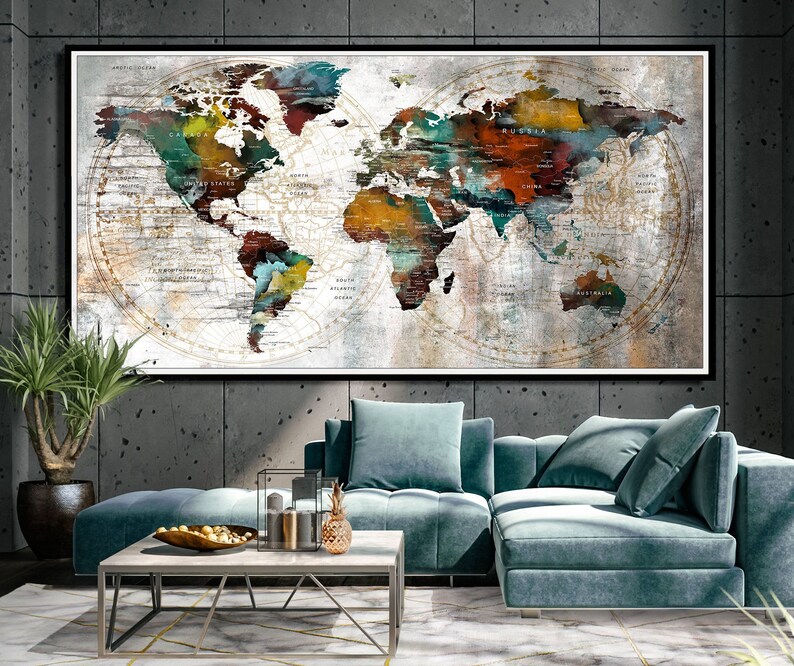 World Map Wall Art Home Wall Decor Push Pin Map Large Travel Etsy