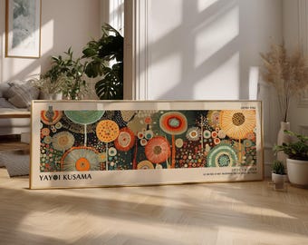 Yayoi Kusama-inspirerat panoramalandskapstryck av Japandi: Extra stor abstrakt väggkonst