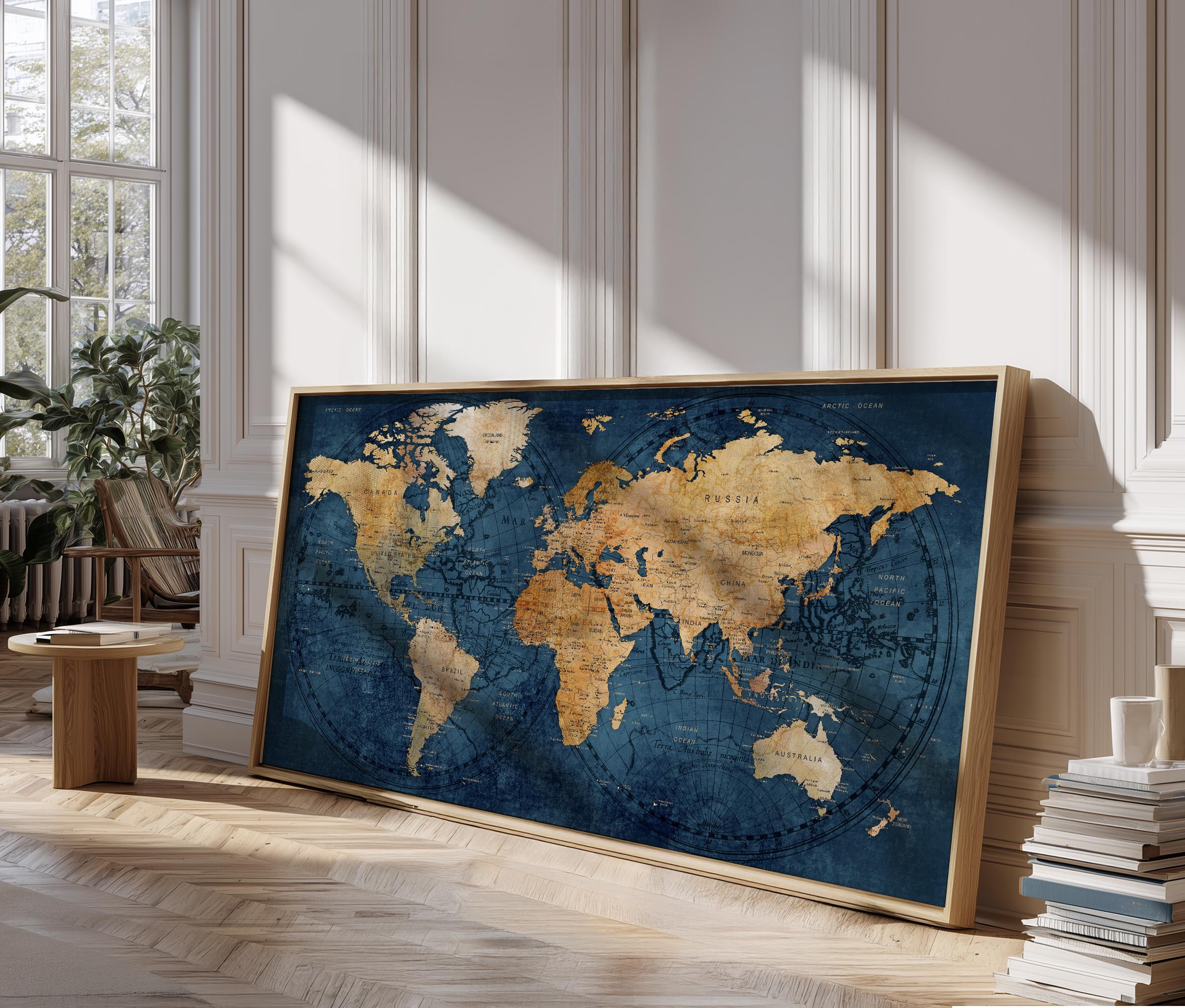 ヴィンテージ世界地図ポスター：ネイビーブルーのトラベルウォール