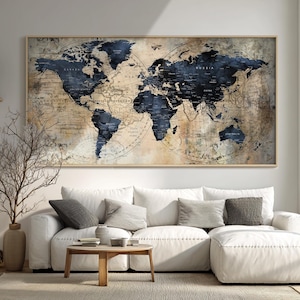 Dark Blue Push Pin Map: Executive Travel Wall Art, Extra Large World Map Print