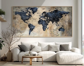 Dark Blue Push Pin Map: Executive Travel Wall Art, Extra Large World Map Print