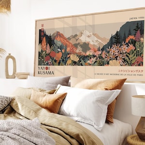 Gallery arrangement of Yayoi Kusama floral posters and Japanese abstract wall art prints.
