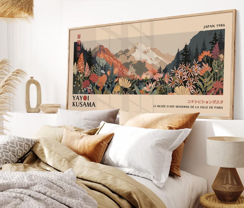 Gallery arrangement of Yayoi Kusama floral posters and Japanese abstract wall art prints.
