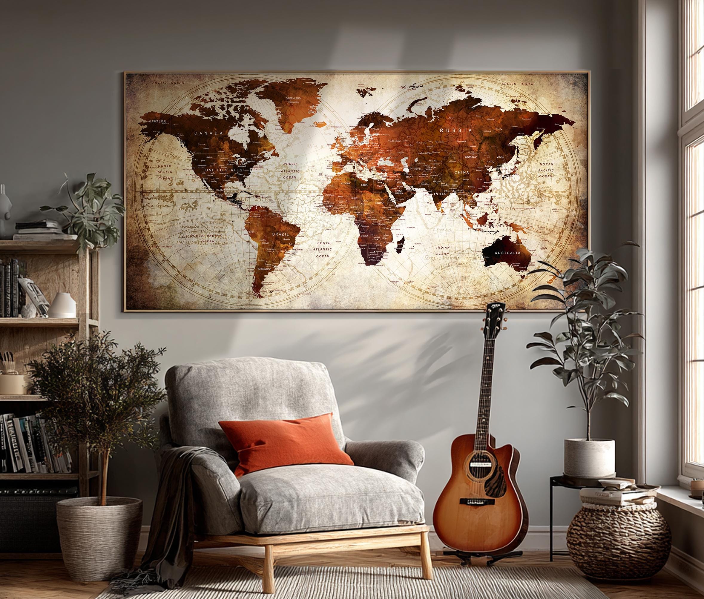 Push Pin World Map Wall Art: Vintage Style Travel Map - Etsy