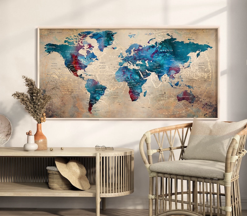 Watercolor World Map Poster: Personalized Push Pin Travel Art - Etsy