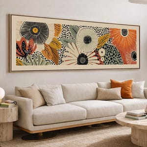 Art mural floral du milieu du siècle, déco botanique horizontale colorée au-dessus du lit