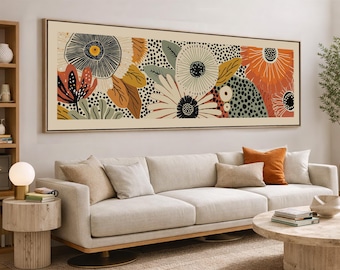 Blommig väggkonst från mitten av århundradet, färgglad botanisk horisontell dekoration ovanför sängen