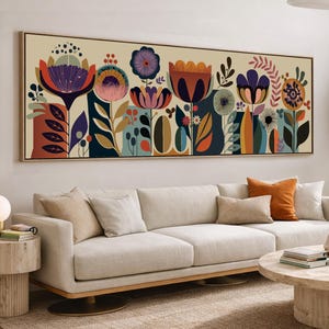 Impresión horizontal larga de arte escandinavo, arte popular noruego, póster nórdico floral escandinavo