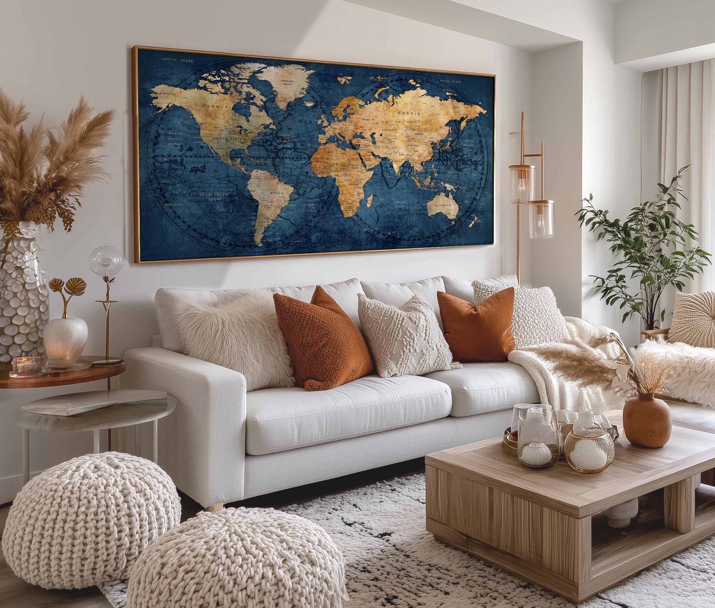 ヴィンテージ世界地図ポスター：ネイビーブルーのトラベルウォール
