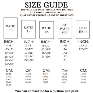 May include: A white size guide chart with text detailing print sizes in inches and centimeters. The chart includes ratios like 2:3, 3:4, and 4:5, with corresponding inch measurements such as 4"x6", 8"x12", and 12"x18".
