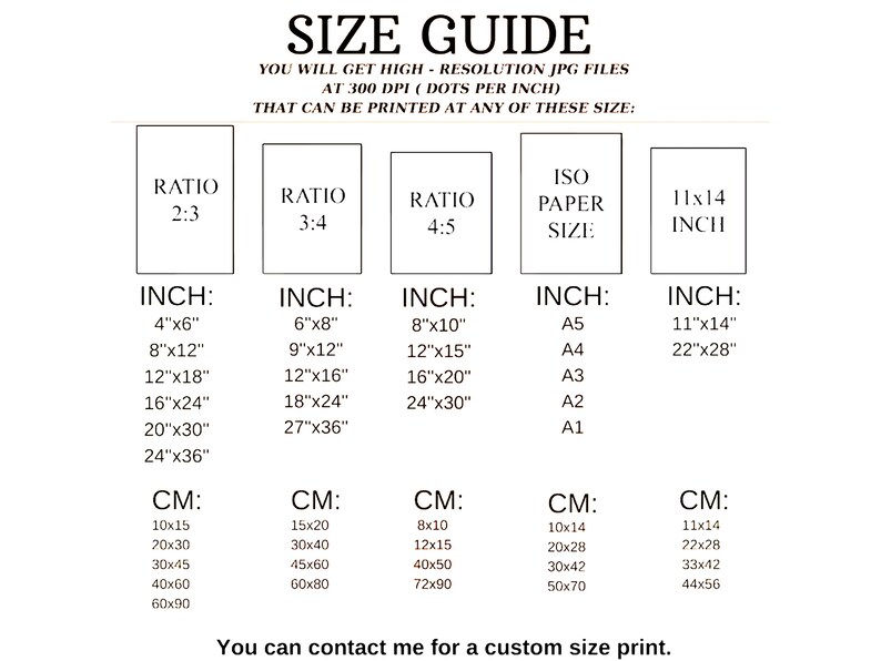 May include: A white size guide chart with text detailing print sizes in inches and centimeters. The chart includes ratios like 2:3, 3:4, and 4:5, with corresponding inch measurements such as 4"x6", 8"x12", and 12"x18".