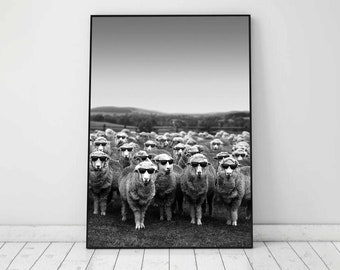 Sheep Wearing Sunglasses Print, Black and White, Vintage Photography, Funny Wall Art, Cool Posters, Museum Quality Photo, Digital Download