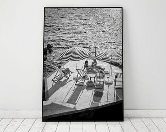 Women Relaxing Beach Umbrellas Print, Old Money Poster, Black and White, Coastal Wall Art, Rich Life Poster, Summer Decor, Digital Download