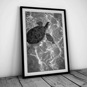 Sea Turtle Ocean Poster, Black and White Marine Life Print, Minimal Coastal Decor, Luxury Beach Aesthetic Wall Art, Digital Download